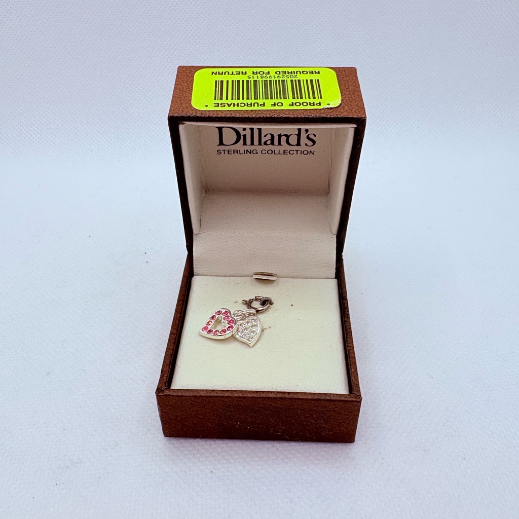 Vintage Dillards Sterling Silver 925 Double Heart Charm Pink White Cz In Box 24$
